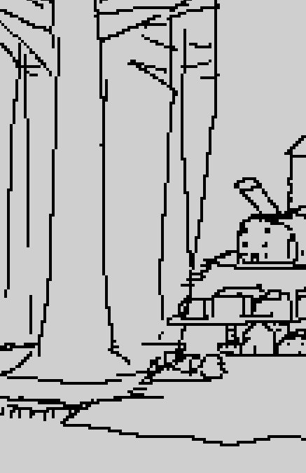 A blocky pixel sketch. There are large trees with a boardwalk and houses built into the treeside.