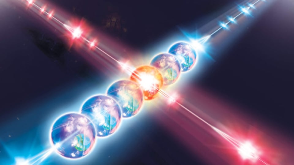 A line of six marble-like worlds in blue, with a blue laser beam running through them. A red laser beam crosses through the fourth world, making it glow.