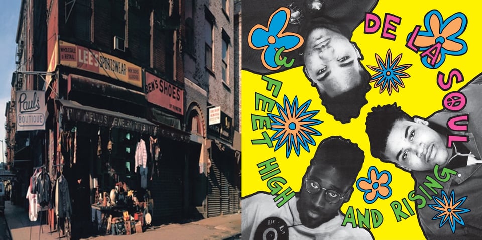 First pic: A photograph of a street corner in New York. There is a store called Paul's Boutique on the corner, as indicated by the sign that hangs over the sidewalk to the left. Above the store is a tall brick edifice, presumably apartments. On the sidewalk are clothes hanging from awning as a display, as well as a table with all sorts of objects on it, but difficult to identify any one object. There are two additional signs on the building, just below the brick edifice: "Lee's Sportswear" and "Ben's Shoes.” Second pic: Black and white photos of three young Black men, arranged in a circle as if you are on the ground and they are looking down at you from above. The background is very bright yellow. There are hand drawn flower shapes in blue and orange arranged around them.