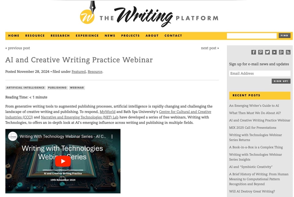 Homepage of The Writing Platform with post that links to the AI and Creative Writing Practice Webinar. Logo and text