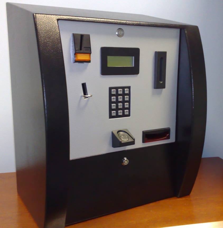 A payment system machine in a school that uses a fingerprint scanner, it looks like a big atm