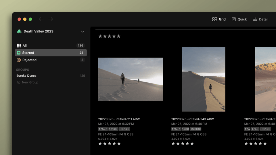 Showing more of the Aphera interface with the main window showing Starred images and how they're grouped.