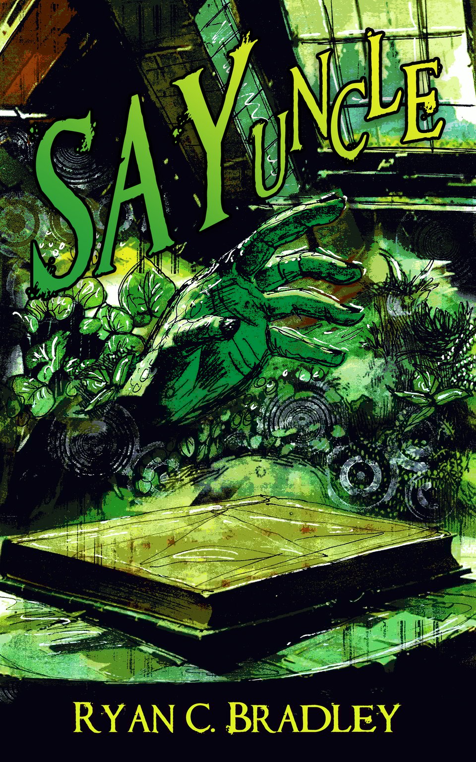 book cover. a creepy hand emerging from moss, hovering over an occult book
