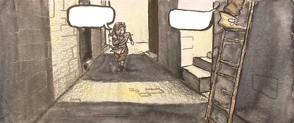 Coloured painting of young boy running down an alley after someone climbing a ladder