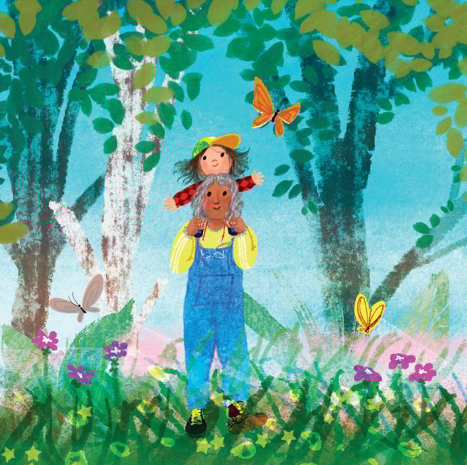 An illustration by Kip Alizadeh of the characters Bean and Nanna in the garden for I Am Strong Just Being Me. Bean is wearing a red jumper and yellow cap and is androgynous. They are sat on Nanna's shoulders, and she has short grey hair, brown skin, a yellow jumper, and blue dungarees and Doc Martens on. They are both smiling and happy.