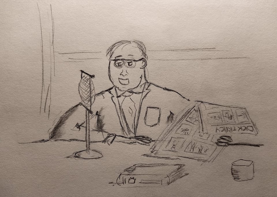 a cartoon of Fiorello Laguardia sitting at a desk, holding the Sunday newspaper funnies in one hand and speaking into a radio microphone