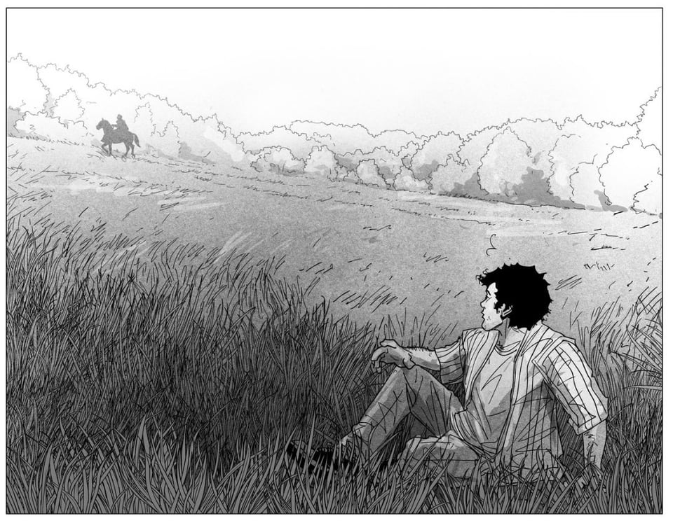 Art from the upcoming 'Project Mantle' depicting that comic book's hero sitting in a field, with someone on horseback in the distance