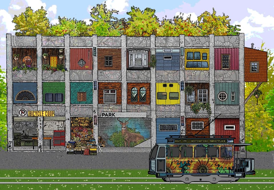 Image of a parking garage that's been turned into apartments, a bicycle coop, and a green roof. A tram runs past on grassy tracks.