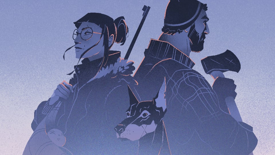 Part of The Last Caravan's cover, a moody illustration of three travelers, one of them a baby in a sling, and their dog.