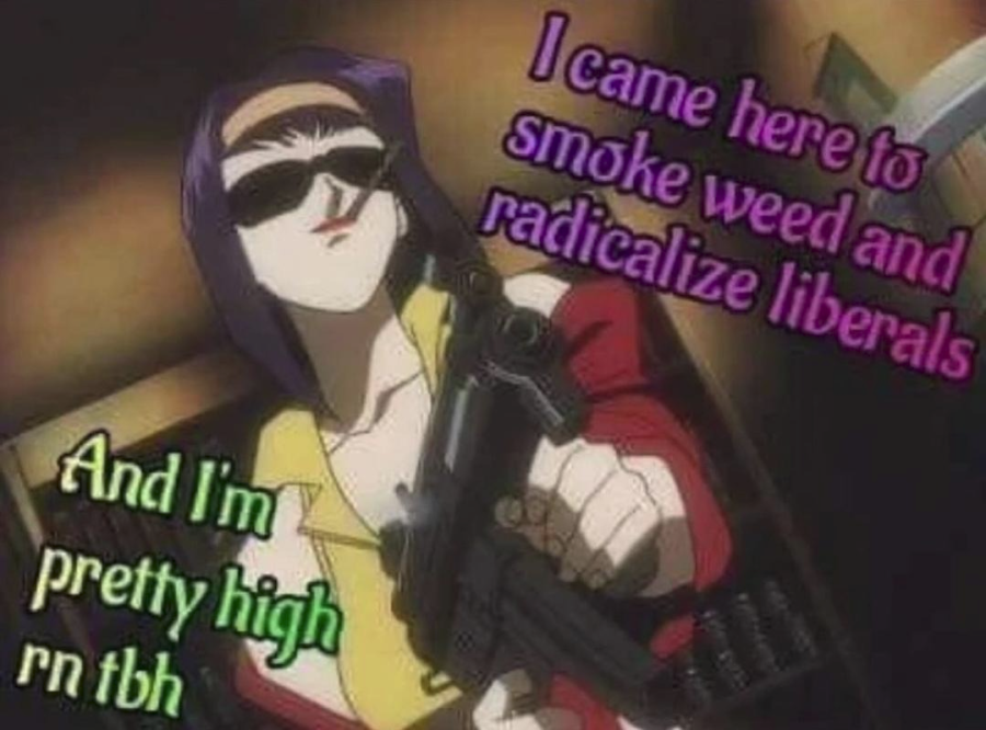 A screenshot from the Cowboy Bebop anime showing Faye Valentine - a woman with purple hair held off her face with a beige headband, sunglasses, and a cigarillo in her mouth - holding a submachine gun. Text overlaid across the picture says "I came here to smoke weed and radicalize liberals And I'm pretty high rn tbh"