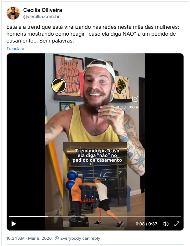 Post de Cecília Olliveira (@cecillia.com.br): Esta é a trend que está viralizando nas redes neste mês das mulheres: homens mostrando como reagir "caso ela diga NÃO" a um pedido de casamento... Sem palavras. (Post contém Video)