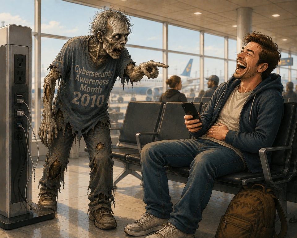 At an airport, a zombie is standing next to a USB charging station, wearing a t-shirt that says "Cybersecurity Awareness Month 2010". It is pointing at a passenger and presumably warning of the dangers of juice-jacking. The passenger is laughing at this bad advice.