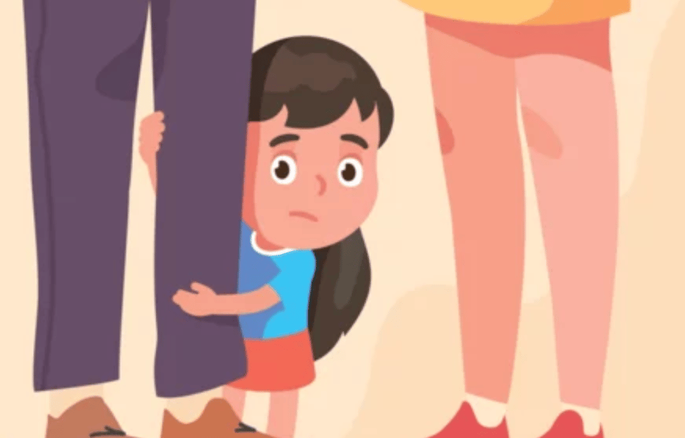 vector image of little girl hiding behind grownup legs