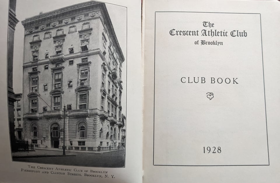 At left, a black and white photograph of the Crescent Athletic Club's clubhouse, a four-story building. At right, the title page for the book.