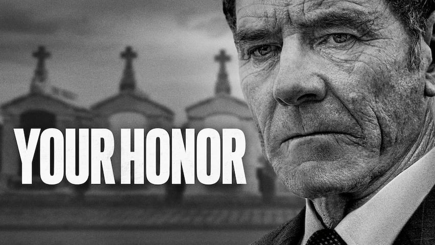 black and white image of bryan cranston against a series of gravestones in new orleans with the words your honor in white on top