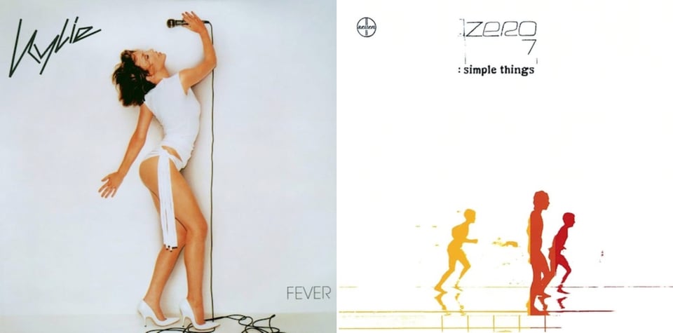 First pic: Singer Kylie Minogue, a white woman with neck-length dark blonde hair. She is wearing a white top and something like a white bikini bottom, with a long white tassel falling from the hip. She wears white high heels. She is holding a microphone far above her head, with her head cocked back, and the other arm is thrown back behind her. Second pic: On a white background, at the bottom of the image, are the silhouettes of three men. One is yellow and is running. In front of him is a dark red figure, also running. Between them, in orange, is a man who is walkiing.