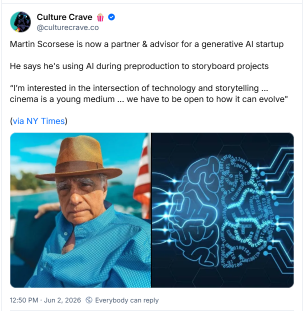 Post de Culture Crave 🍿(@culturecrave.co) :
Martin Scorsese is now a partner & advisor for a generative AI startup
He says he's using AI during preproduction to storyboard projects
“I’m interested in the intersection of technology and storytelling ... cinema is a young medium ... we have to be open to how it can evolve"
(via NY Times)
Tradução: Martin Scorsese agora é sócio e consultor de uma startup de IA generativa.
Ele afirma estar usando IA durante a pré-produção para criar storyboards de projetos.
“Tenho interesse na interseção entre tecnologia e narrativa... o cinema é uma mídia jovem... precisamos estar abertos à sua evolução.”