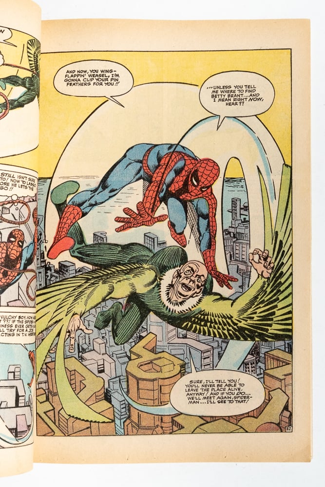 Spider-Man battling the Vulture above an abstract cityscape illustrated by Steve Ditko