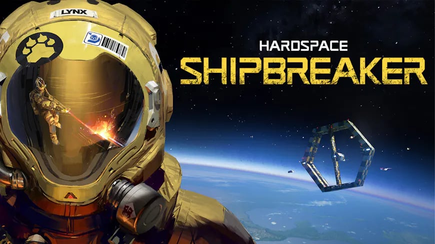 the cover of hardspace shiprbreaker, it features a planet, a space station and an astronaut
