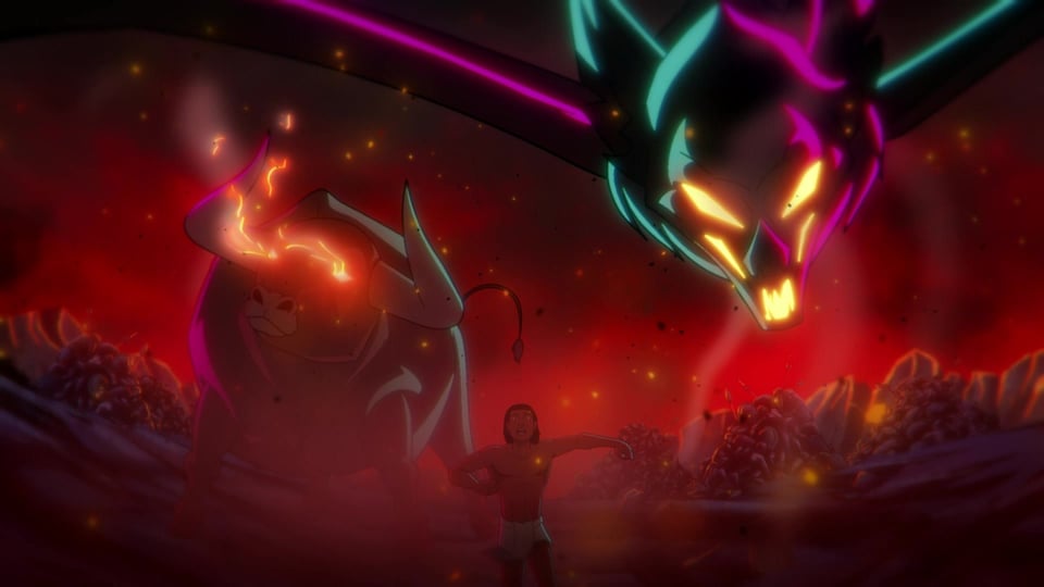 A young Aztec man clad in a loincloth is absolutely booking it away from a fire-breathing warthog and a bat with a skull face lit up in blue (made green by the lighting) and pink. Everything around him looks like it's been destroyed by some sort of war. Does this remind you of anything?