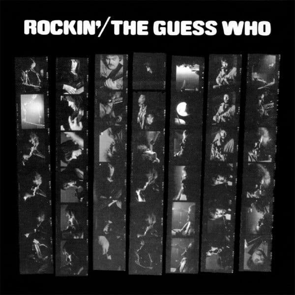 The album cover for The Guess Who’s ROCKIN’. It shows 7 vertical strips of black and white photos, each one focusing on a member of the band.