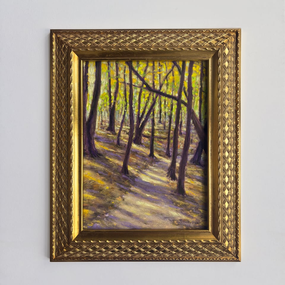 framed pastel painting of a pathway in autumn