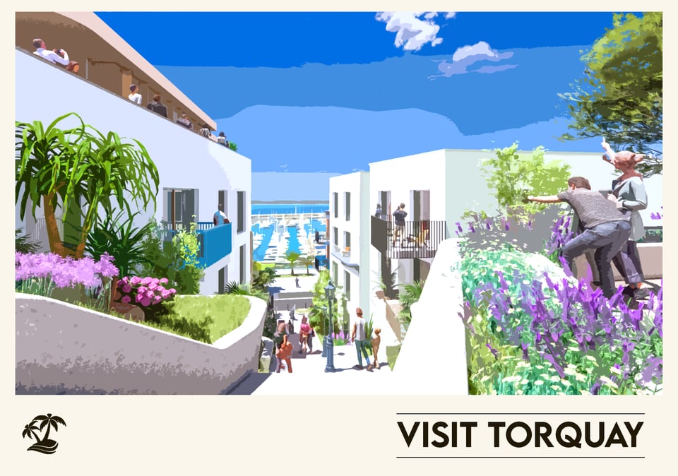 An artist's impression of the redevelopment, in the style of the 1930s to 1950s railway posters. It shows sun drenched white steps leading down to a harbour, with people sitting or standing on balconies