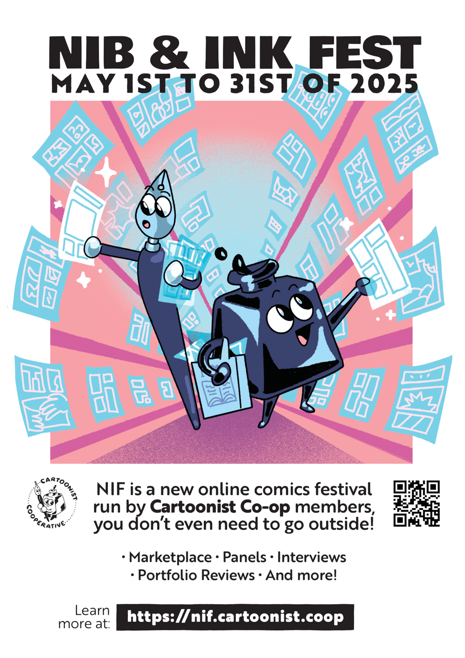 Flyer announcing the brand new Nib and Ink Fest from the Cartoonist Cooperative. Text appears above and under an illustration of the Cooperative's mascots Inkling (an ink pot) and Nibford (a dip pen) browsing an aisle full of blue glowing digital comics, picking some up and admiring them in excitement. Text reads,