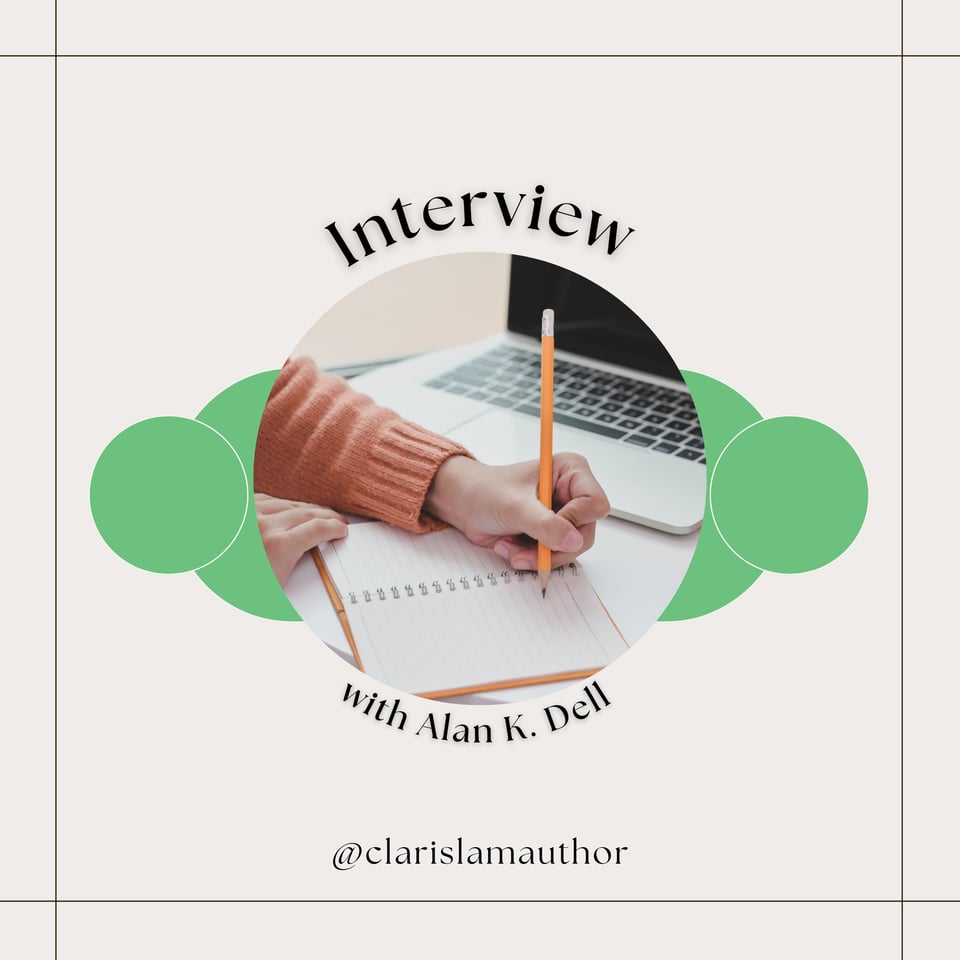 Image reads INterview wiht Alan K. Dell. The background of the image is beige, and inn the iddle are a set of circles. the big middle circle contains a stock image of a person writing in a notebook (face not shown). The circles at the sides are a solid light green.