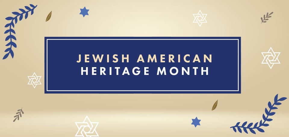 The text "Jewish American Heritage Month" on tan and white against a blue box, in a design showing white Magen Davids and some colorful garland against a tan background