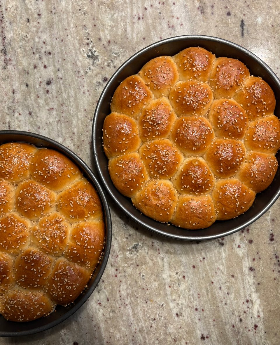 Two round tins of honeycomb buns flecked with sesame seeds.