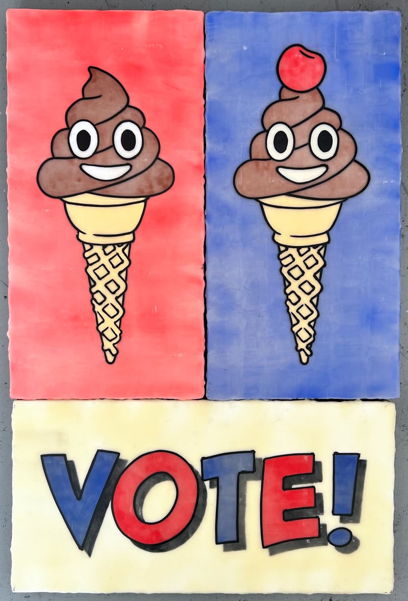 Two poop emojis on ice cream cones. One has a red background, the other blue. One of the poops has a cherry on top. Below them is the word VOTE!