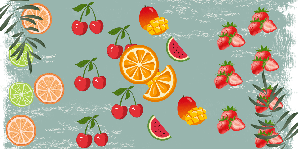 A banner with a green background and various fruits.
