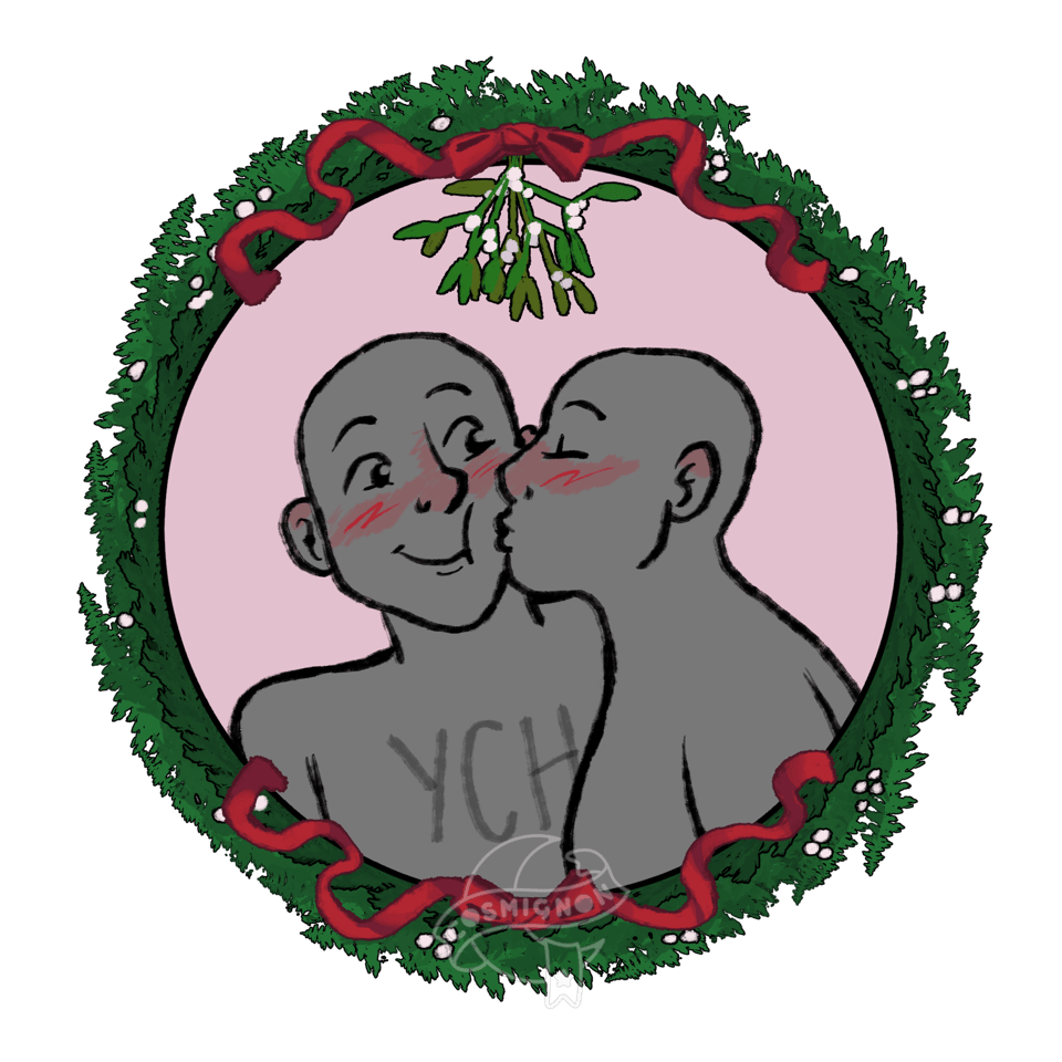 Two grey humans kissing, framed in a Christmas wreath that has a mistletoe hanging from the top.