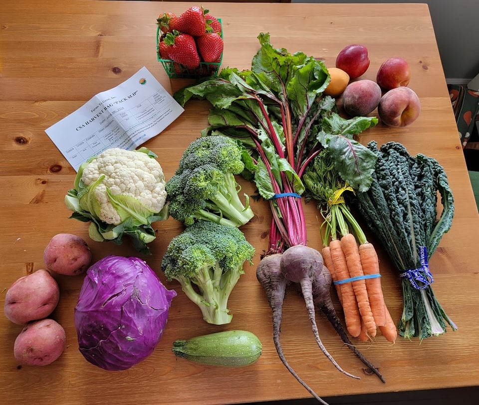 A variety of fruits and vegetables spread out on a wood table