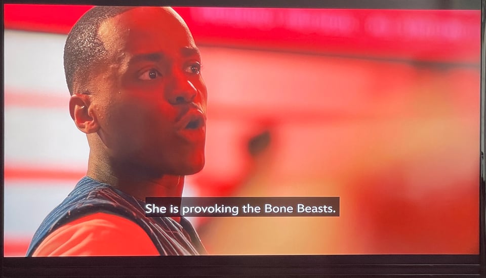 A screen capture of a recent episode of Doctor Who. The Doctor, played Ncuti Gatwa, says the line: She is provoking the Bone Beasts.