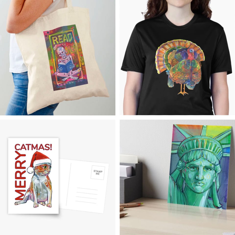 top left: a painting of a skeleton reading on a tote; top right: a pretty turkey painting on a t-shirt; bottom left: a Christmasy kitty on a postcard; bottom right: a print of a portrait of the Statue of Liberty
