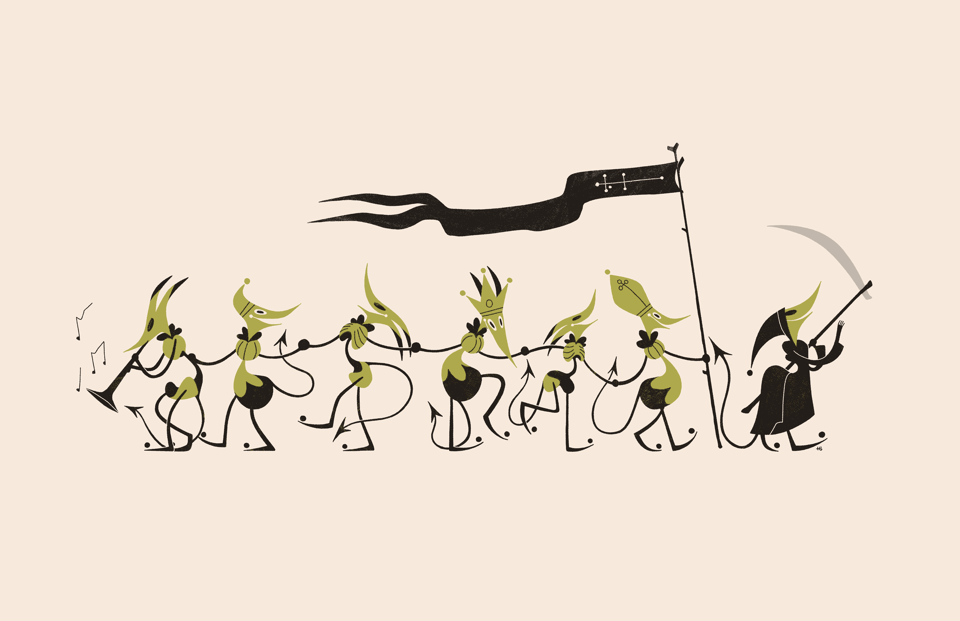 Seven green goblins recreate the Danse Macabre, with Death in the lead. Behind them are three skeletal goblins, and three others wearing the hats of a pope, a king, and a laborer. The first behind Death holds aloft a flag while the last plays a horn.