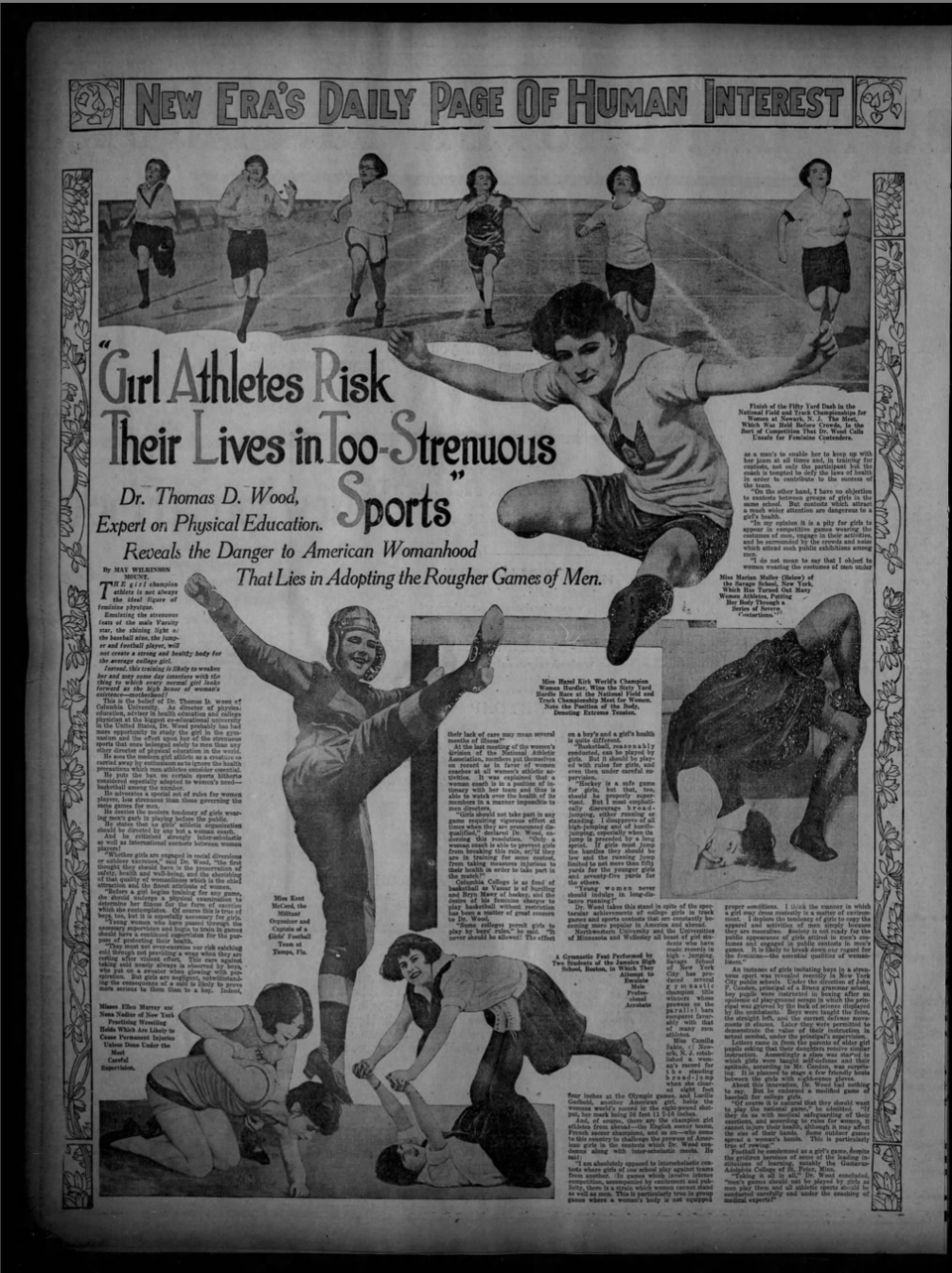 A screenshot of a newspaper with the headline "Girl Athletes Risk Their Lives in Too-Strenuous Sports." The page shows women running and playing sports and games.