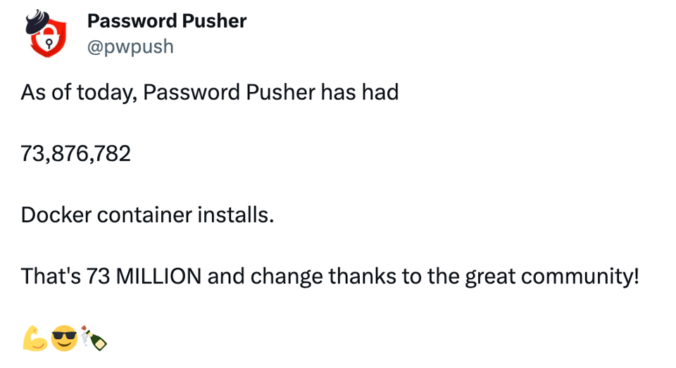 Screenshot of an X post about reaching 73 million docker container downloads.
