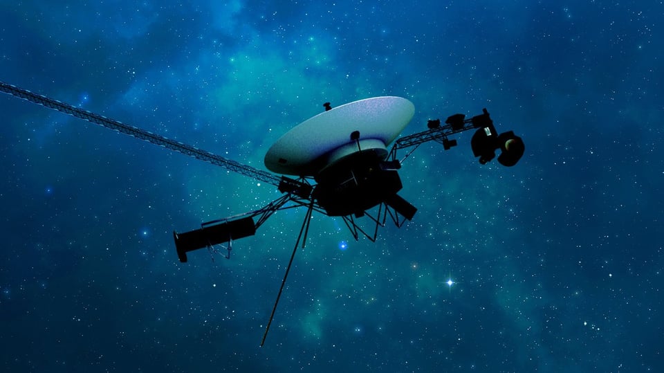 a spacecraft with a central white dish and attached black metallic components, against a blue-green starry space-scape