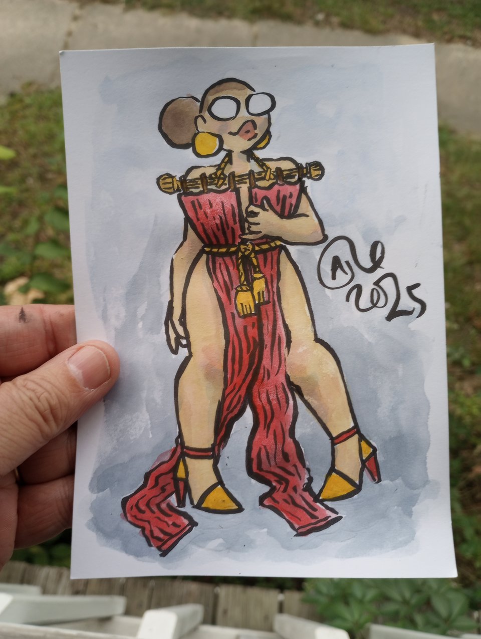 A watercolor of Val wearing a set of red curtains which are tied around her waist with a gold rope.