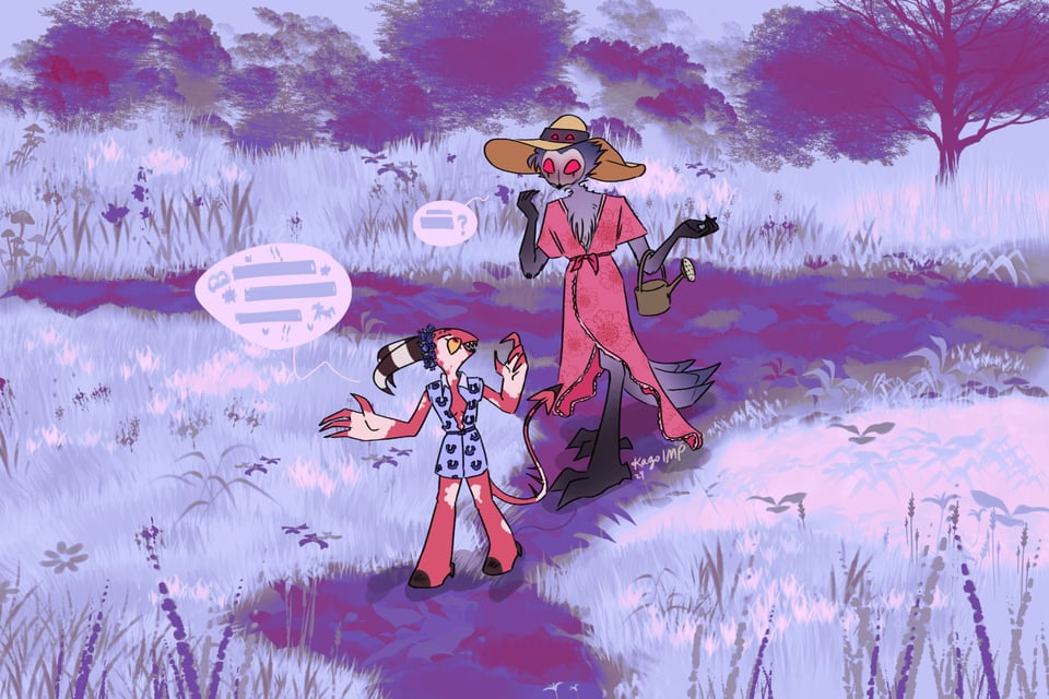 artwork of a bright purple garden overflowing with flora as two demonic characters wearing dresses walk down a path in the middle, talking animatedly. The demon in front is red with large striped horns and is wearing a flower crown, the demon behind him is birdlike with blue feathers and red eyes, wearing a large floppy sunhat and a long, flowing pink wrap dress