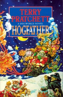 A cartoon picture of DEATH disguised as the Hogfather, a Father Christmas like figure pulled by magical hogs flies over the landscape as various figures look on in wonder, including, possibly, the real Hogfather.
