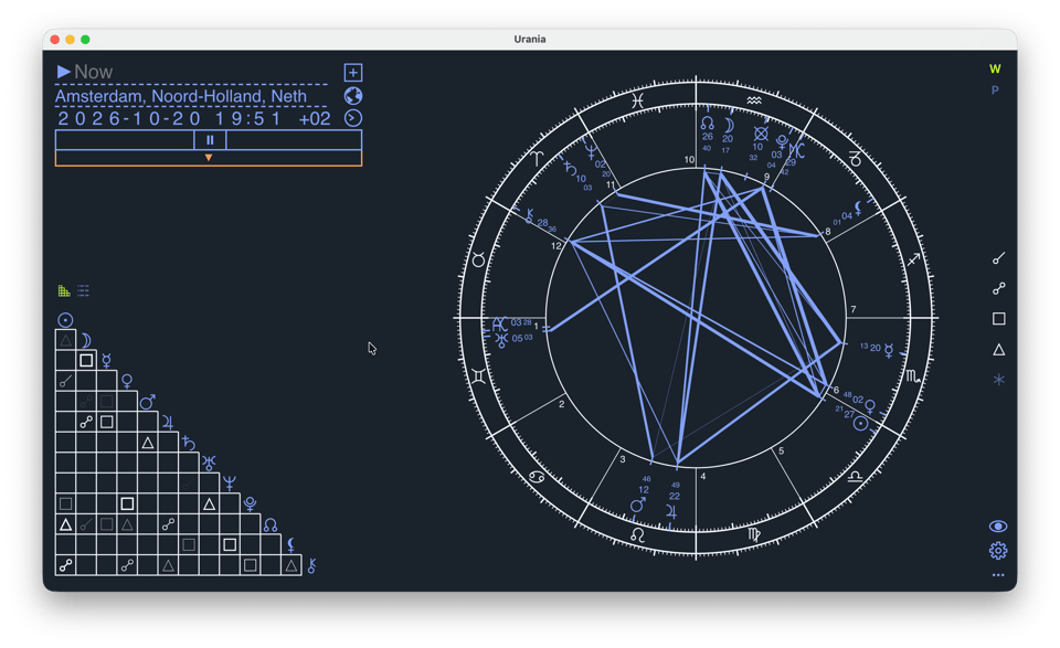 A desktop view of the astrology software Urania 1.0.4, showing the astrological chart for Amsterdam on the 20th of October 2026 at 7:51PM.