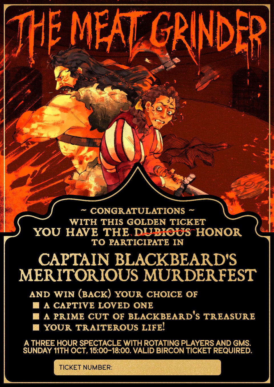 Golden ticket with illustration of put upon fighters and the details of the Meat Grinder.
