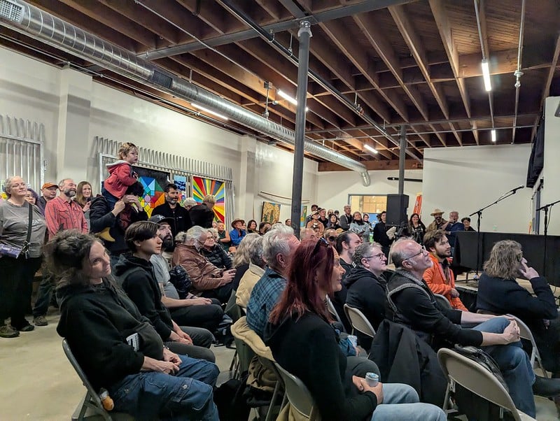 Audience at DorkbotSF in April, at the MonkeyBrains office. they are mostly gen x hipsters. IYKYK!
