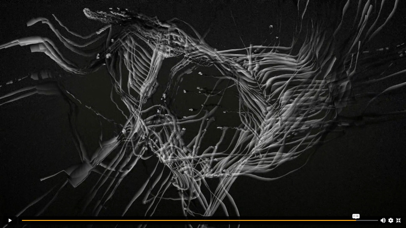 Screenshot of a video player showing and abstract design made out of many thin filaments, partially orderly and partially chaotic. Grayscale. A bit like someone's long hair on a windy day.