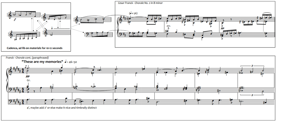 A snippet of score, with various musical ideas locked away in boxes. The first half of the top system is an aleatoric cadenza, the second is a direct quotation of Franck's Chorale No. 2. The second system continues the Franck while combining it with my theme.