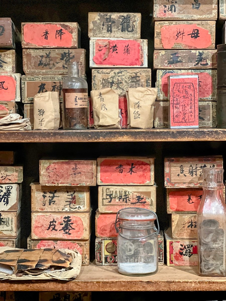 Shelves of herbs and medicines at Kam Wah Chung State Heritage Site in John Day, Oregon